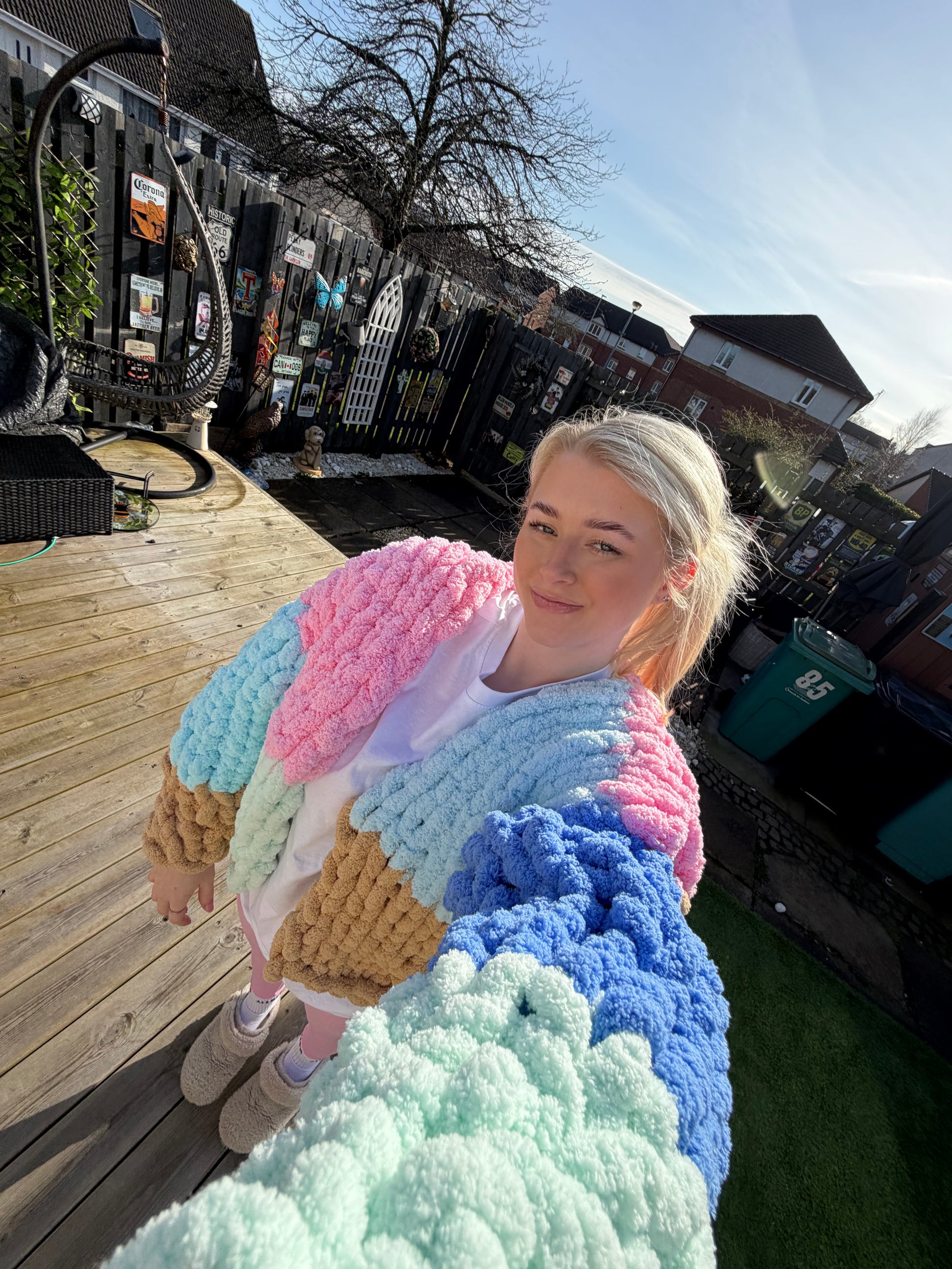 Chunky Knit Cardigan - Blue, Pink, Teal & Bron