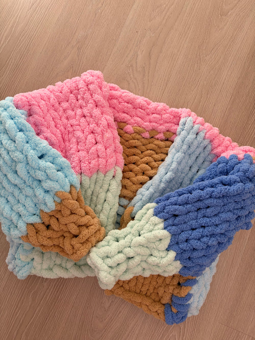 Chunky Knit Cardigan - Blue, Pink, Teal & Bron