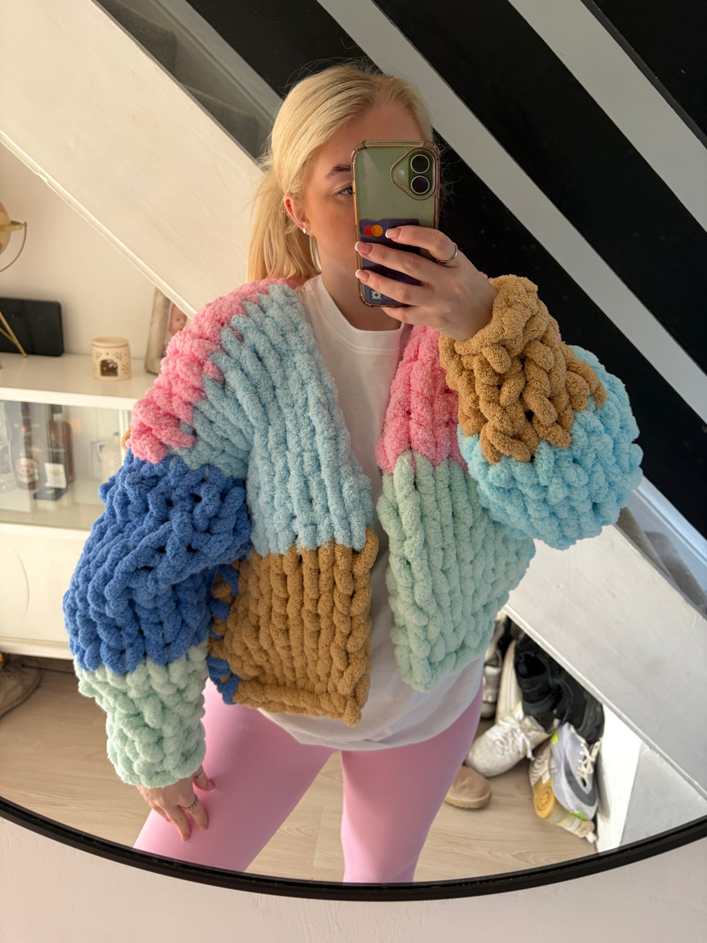Chunky Knit Cardigan - Blue, Pink, Teal & Bron