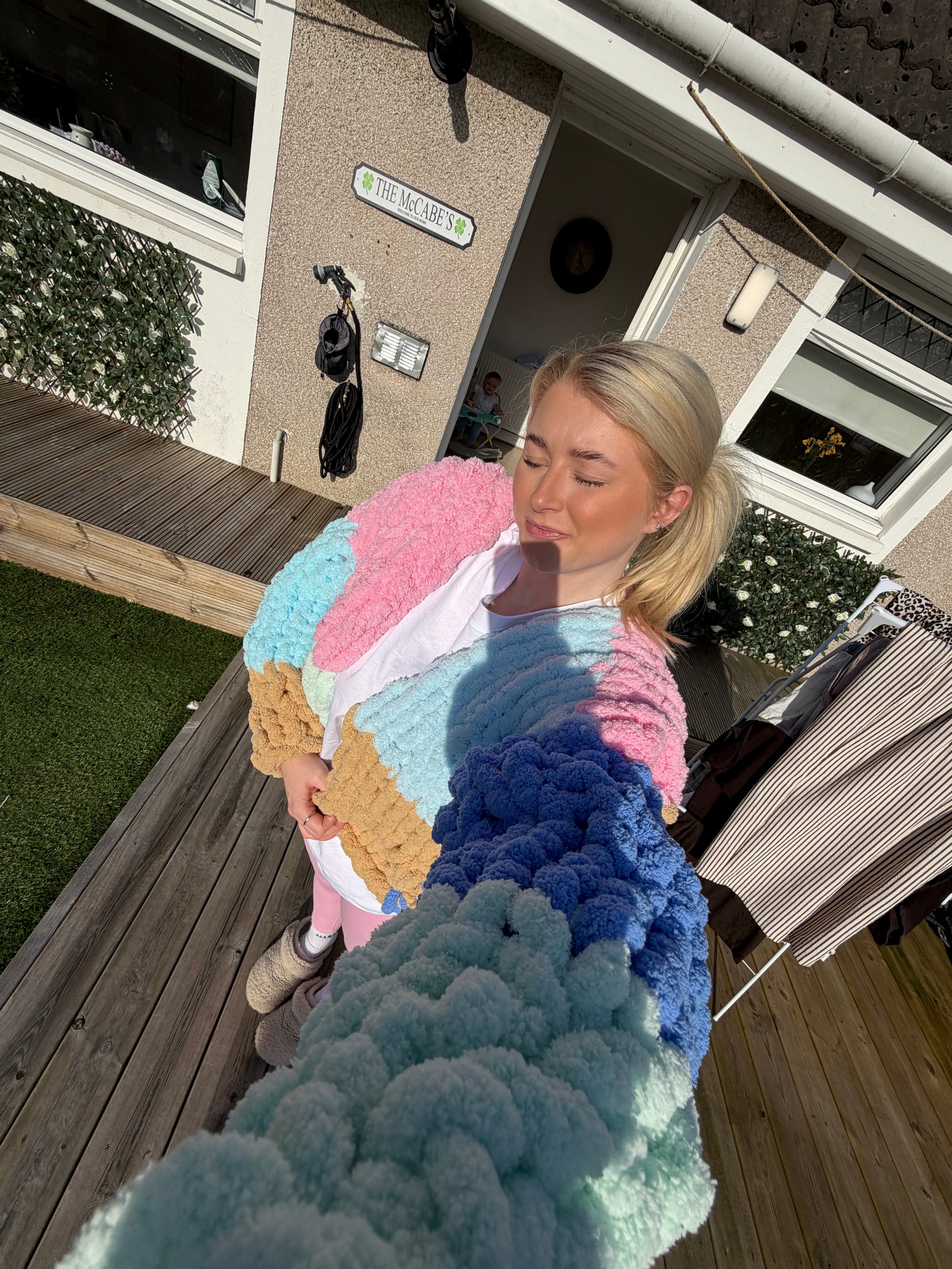 Chunky Knit Cardigan - Blue, Pink, Teal & Bron