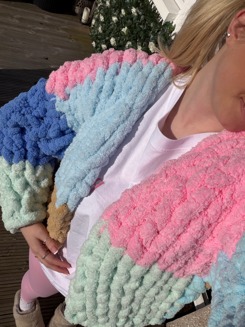 Chunky Knit Cardigan - Blue, Pink, Teal & Bron