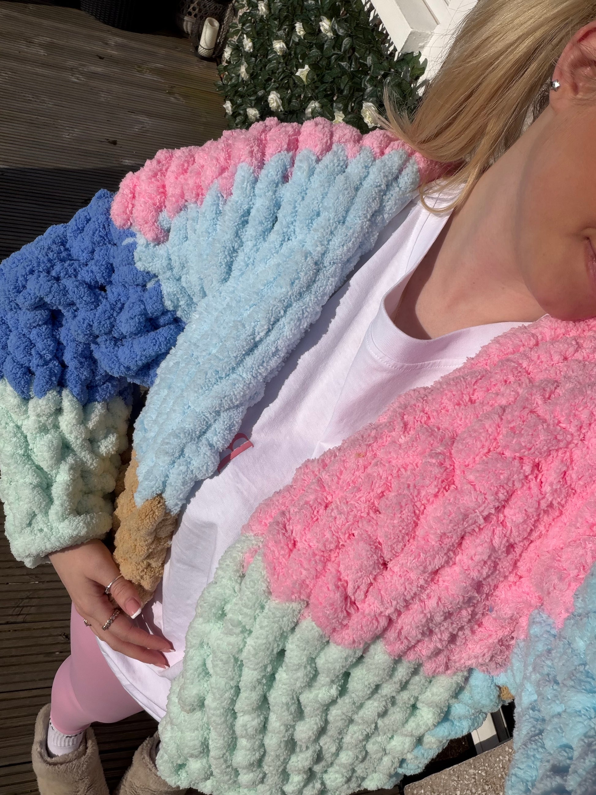 Chunky Knit Cardigan - Blue, Pink, Teal & Bron